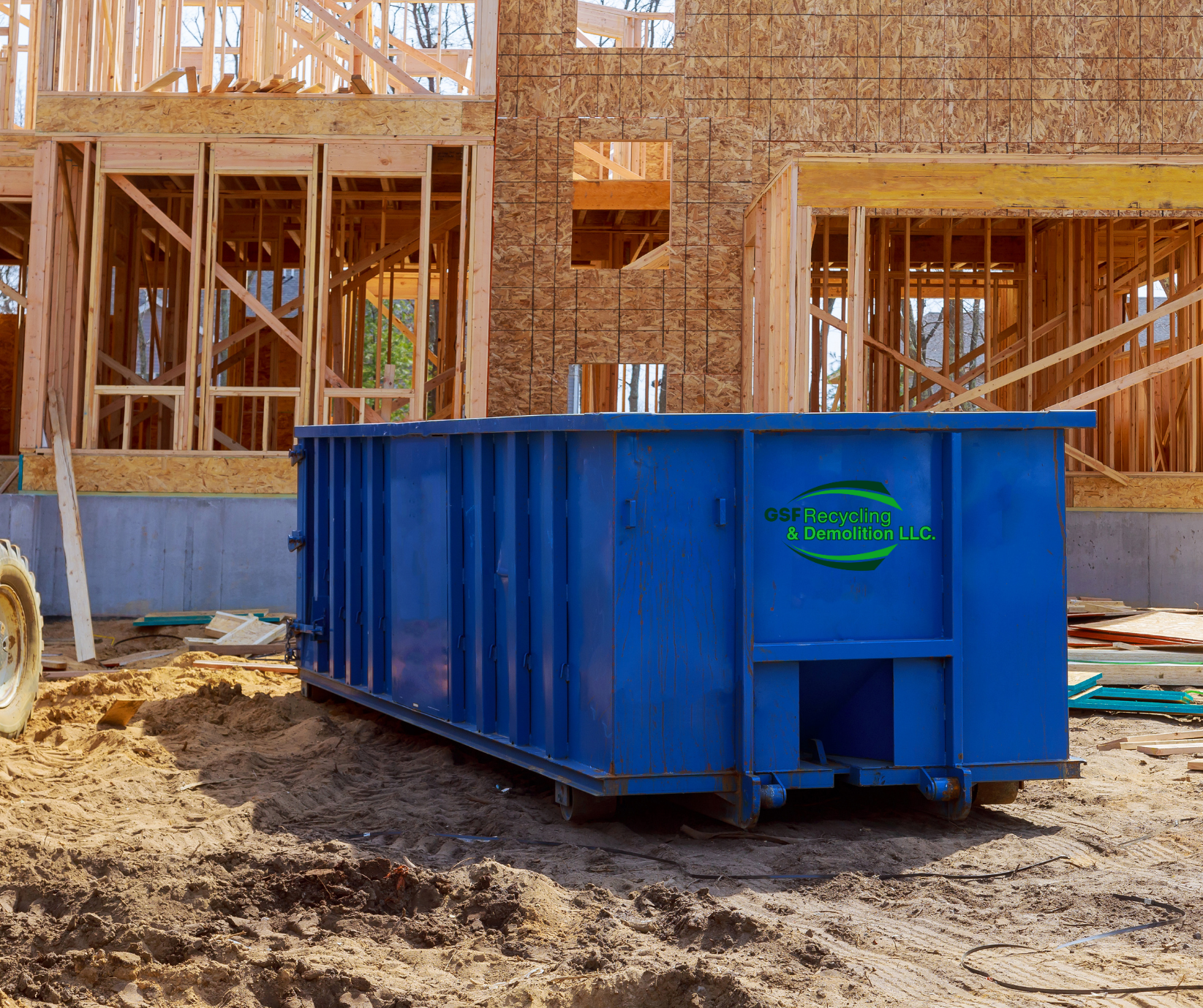Residential dumpster in a driveway